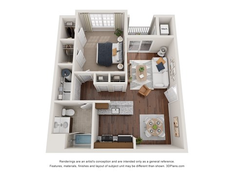 Floor plan for 1 bed, 1 bath, 734 sqft